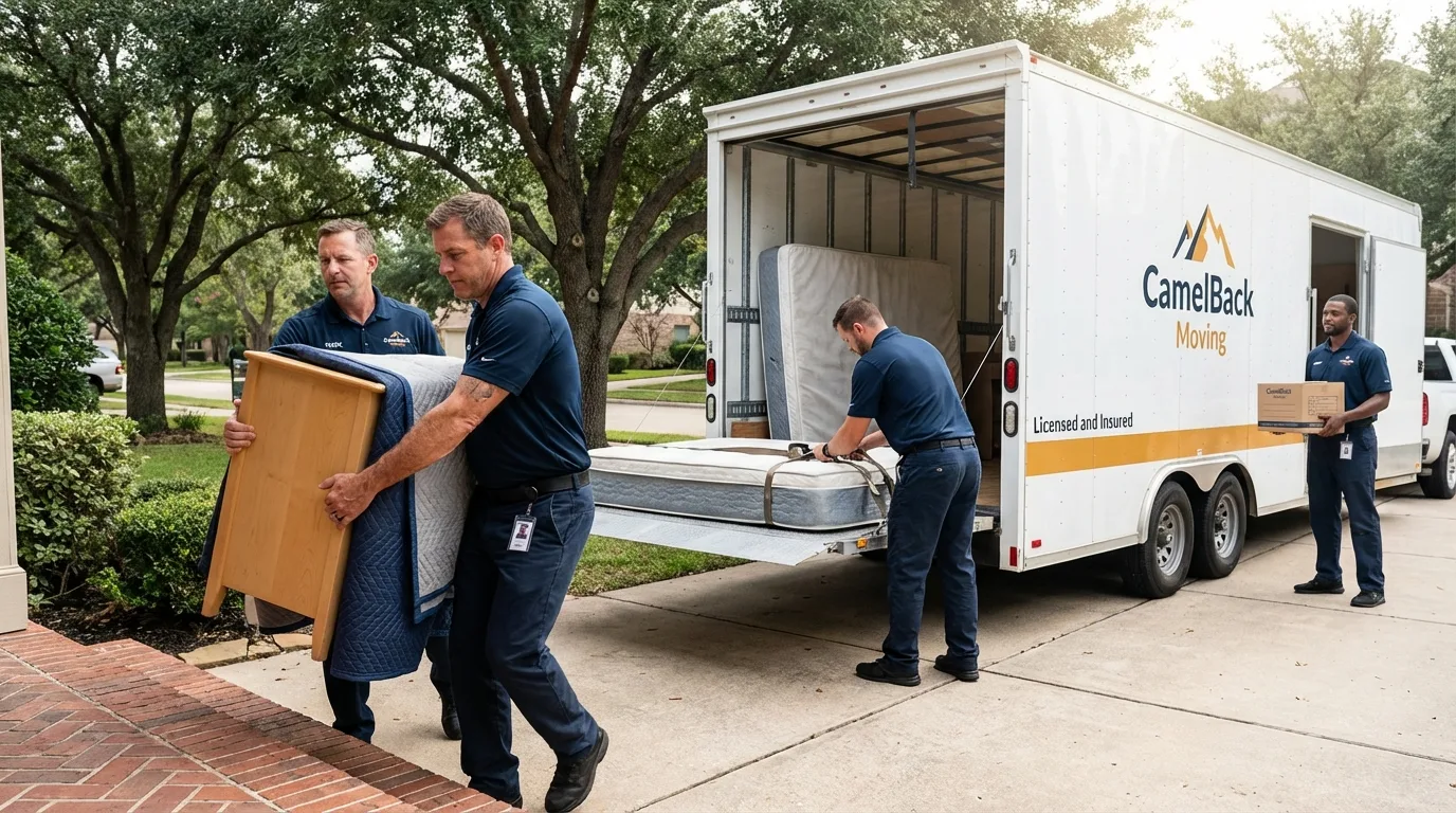 Crew loading residential truck for cross-state move from Mendota, CA