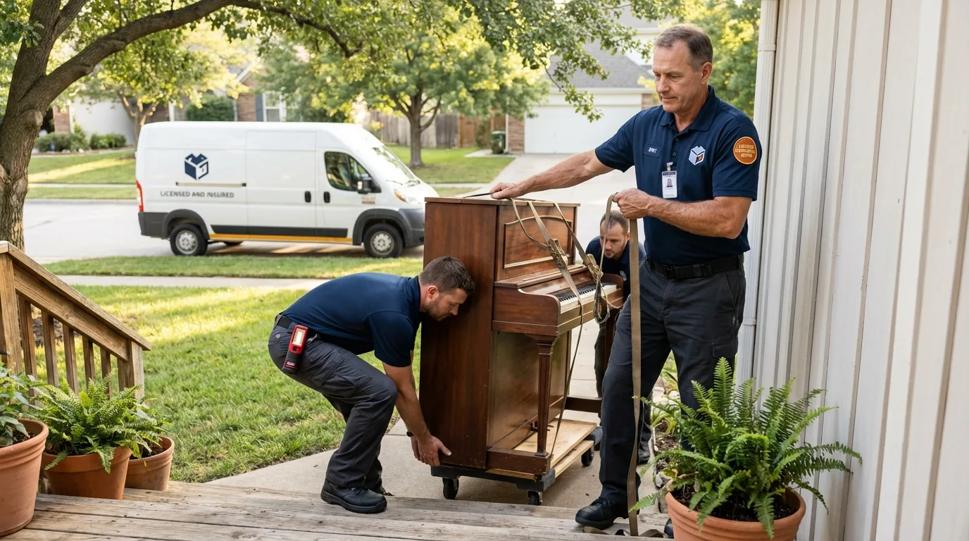 Licensed piano movers securing grand piano in Mendota, CA