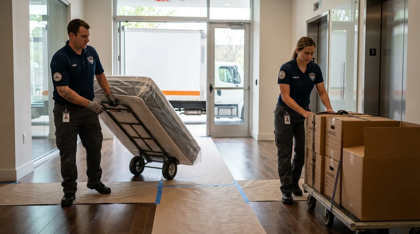 Professional apartment movers loading elevator in Mendota, CA